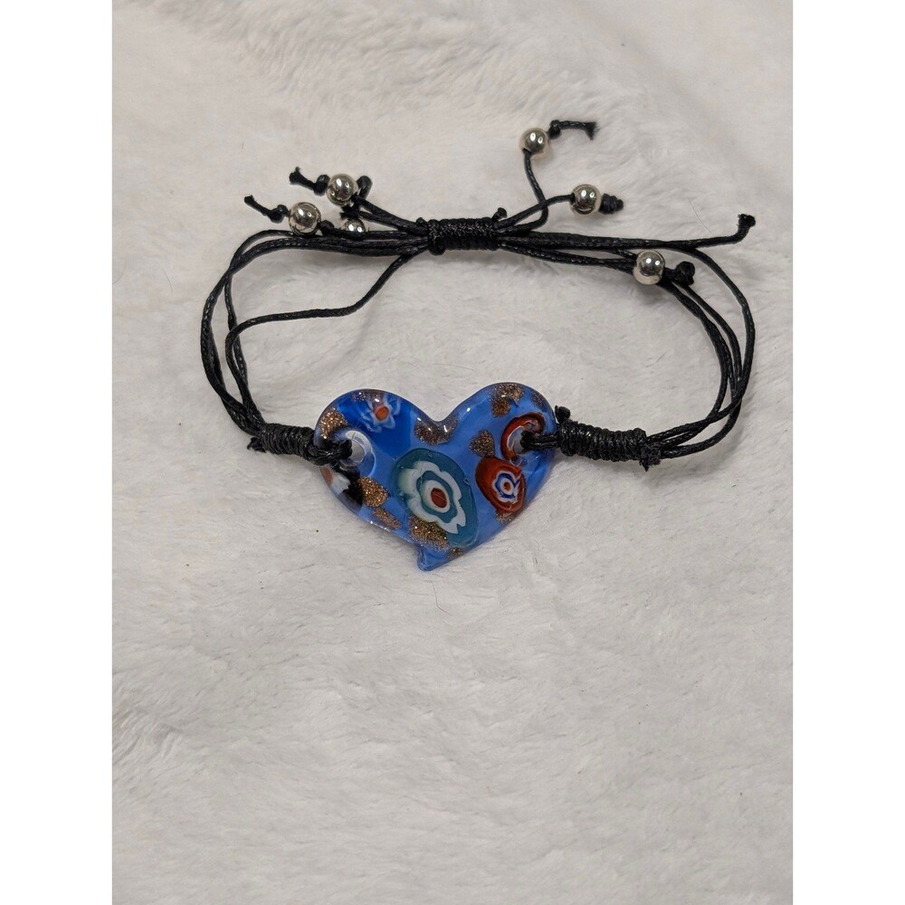 Murano Style Millefiori Glass Heart Cord Bracelet Y2K Indie Beachy Boho Blue